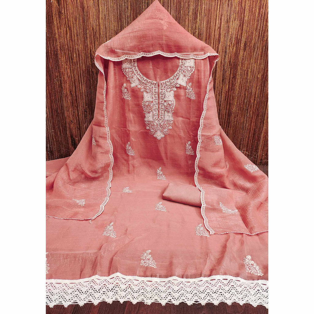 Peach Georgette Crunchy Silk Dress Material with Elegant Floral Thread Embroidery & Sequins Work