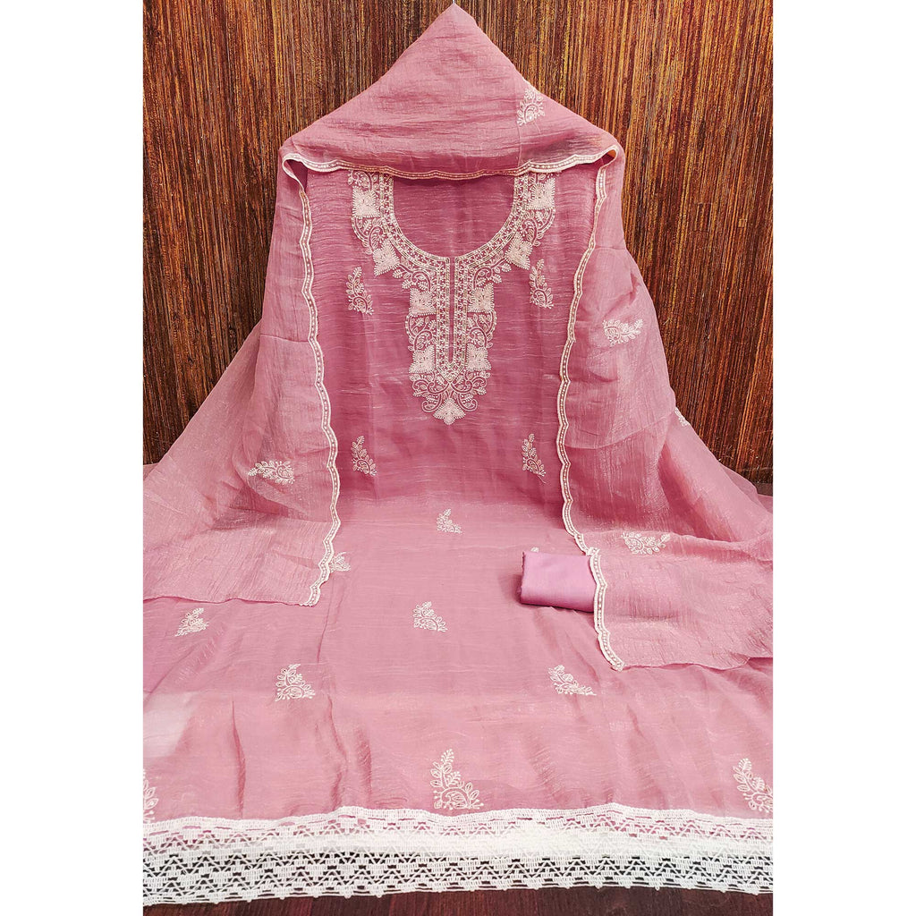 Pink Georgette Crunchy Silk Dress Material with Elegant Floral Thread Embroidery & Sequins Work