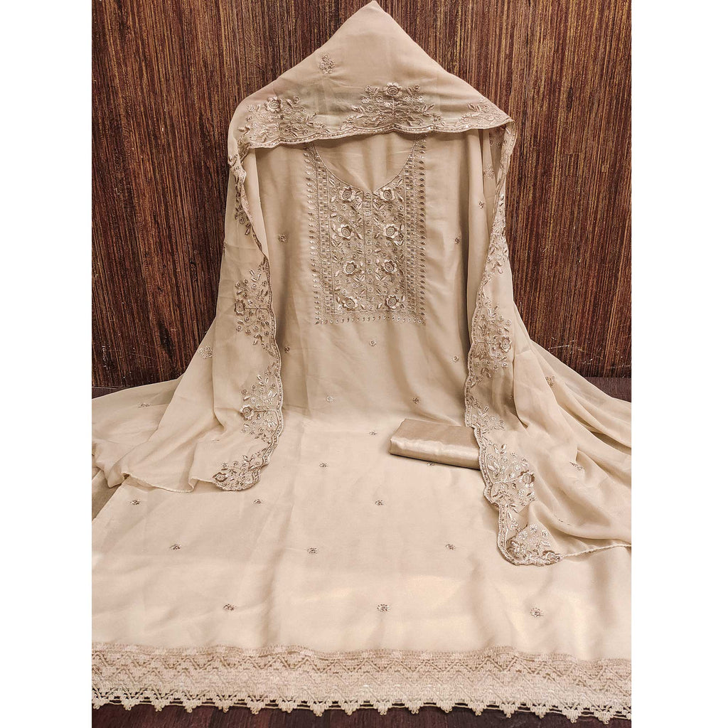 Chikoo Georgette Dress Material With Intricate Floral Zari Embroidery & Sequins Work