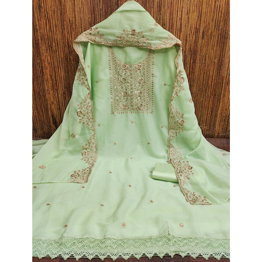 Green Georgette Dress Material With Intricate Floral Zari Embroidery & Sequins Work
