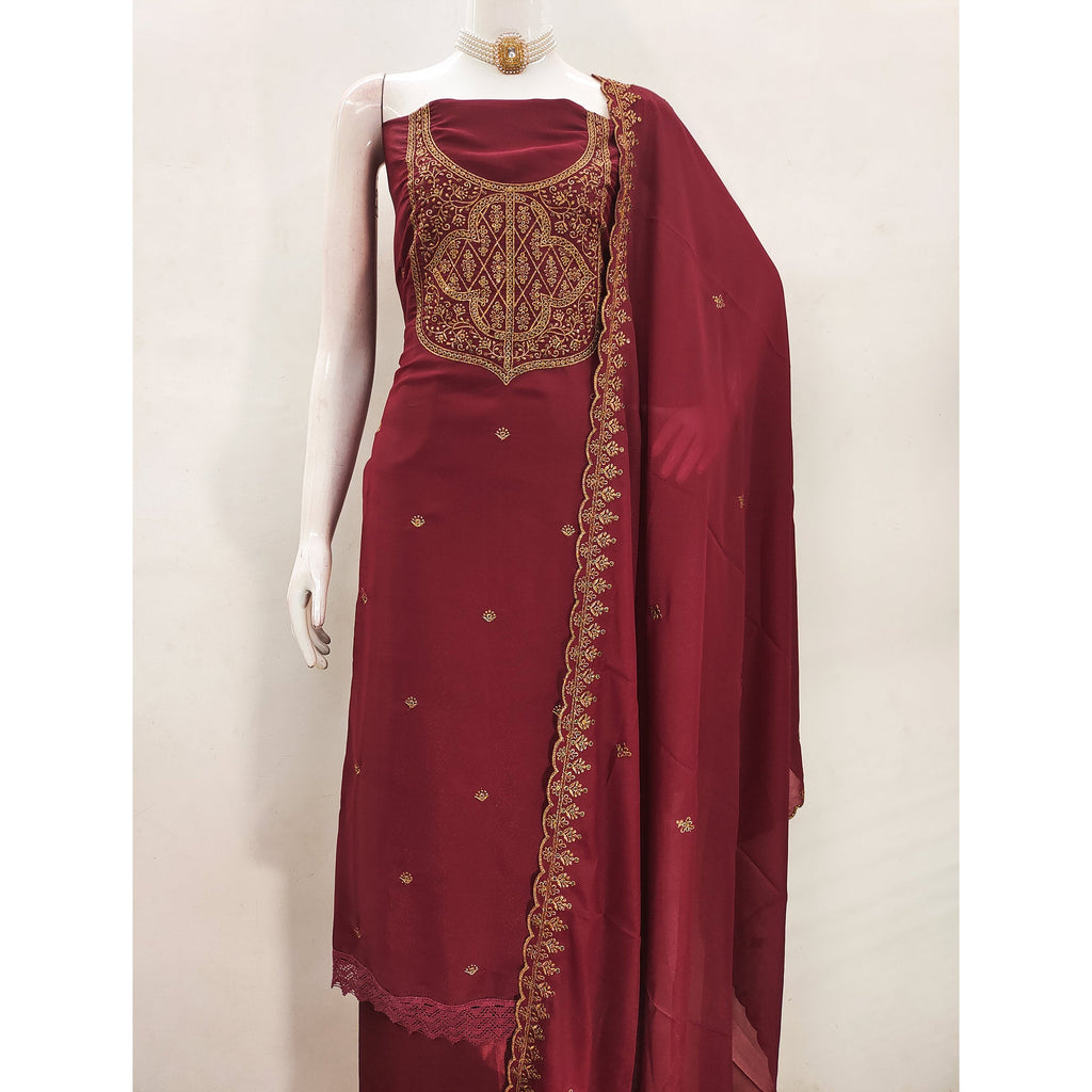 Maroon Georgette Dress Material With Sparkling Sequins & Zari Floral Embroidery
