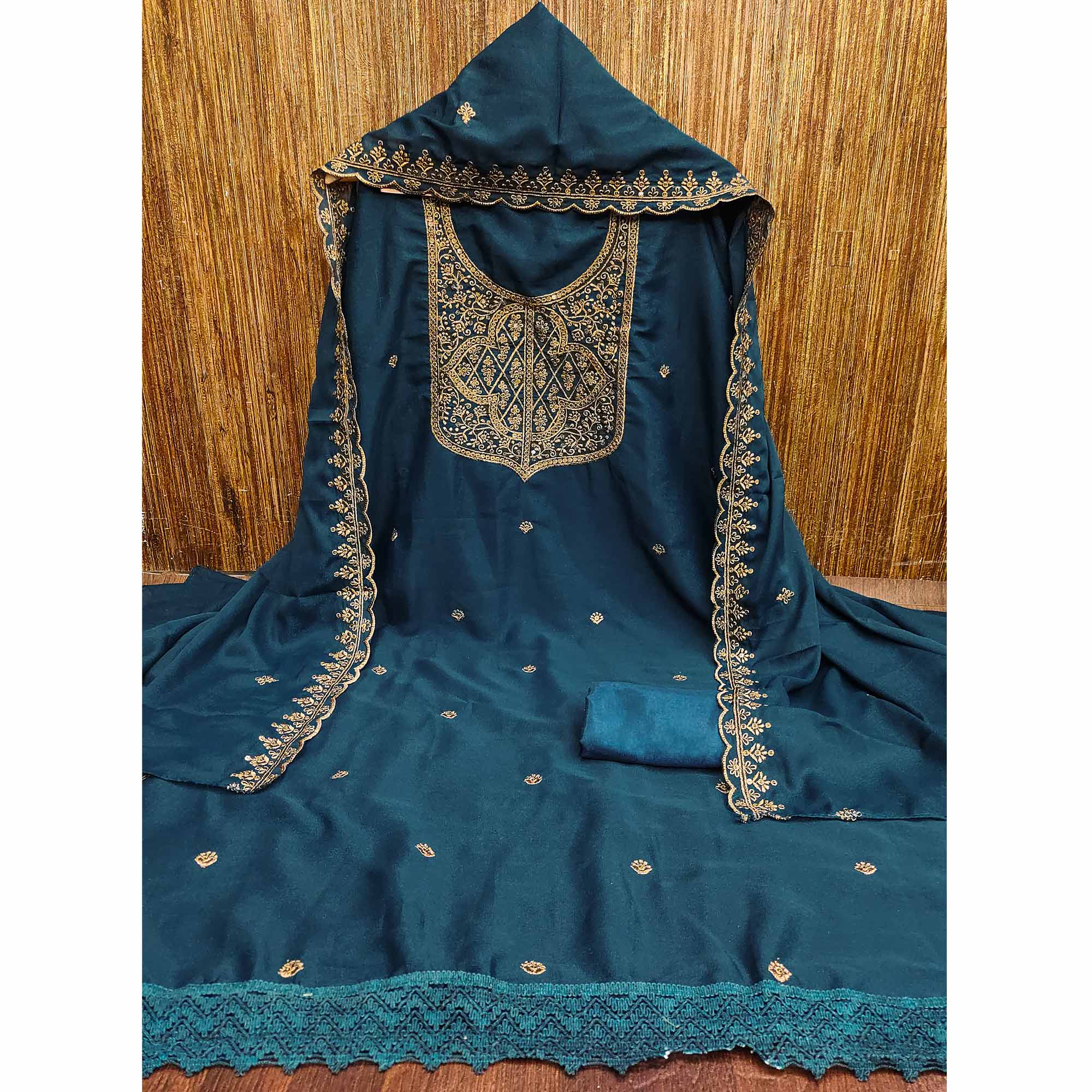 Morpich Blue Georgette Dress Material With Sparkling Sequins & Zari Floral Embroidery