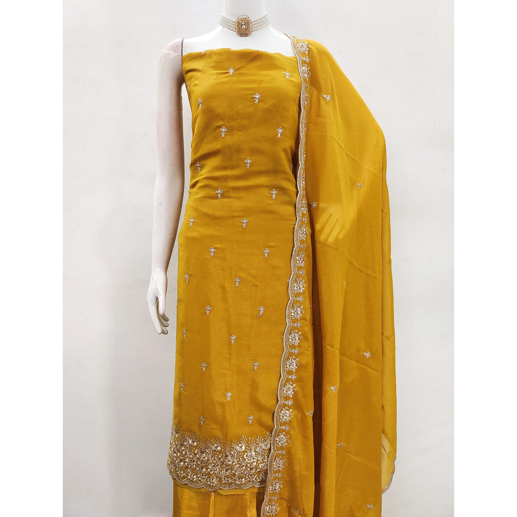 Mustard Georgette Dress Material With Delicate Floral Zari Embroidery