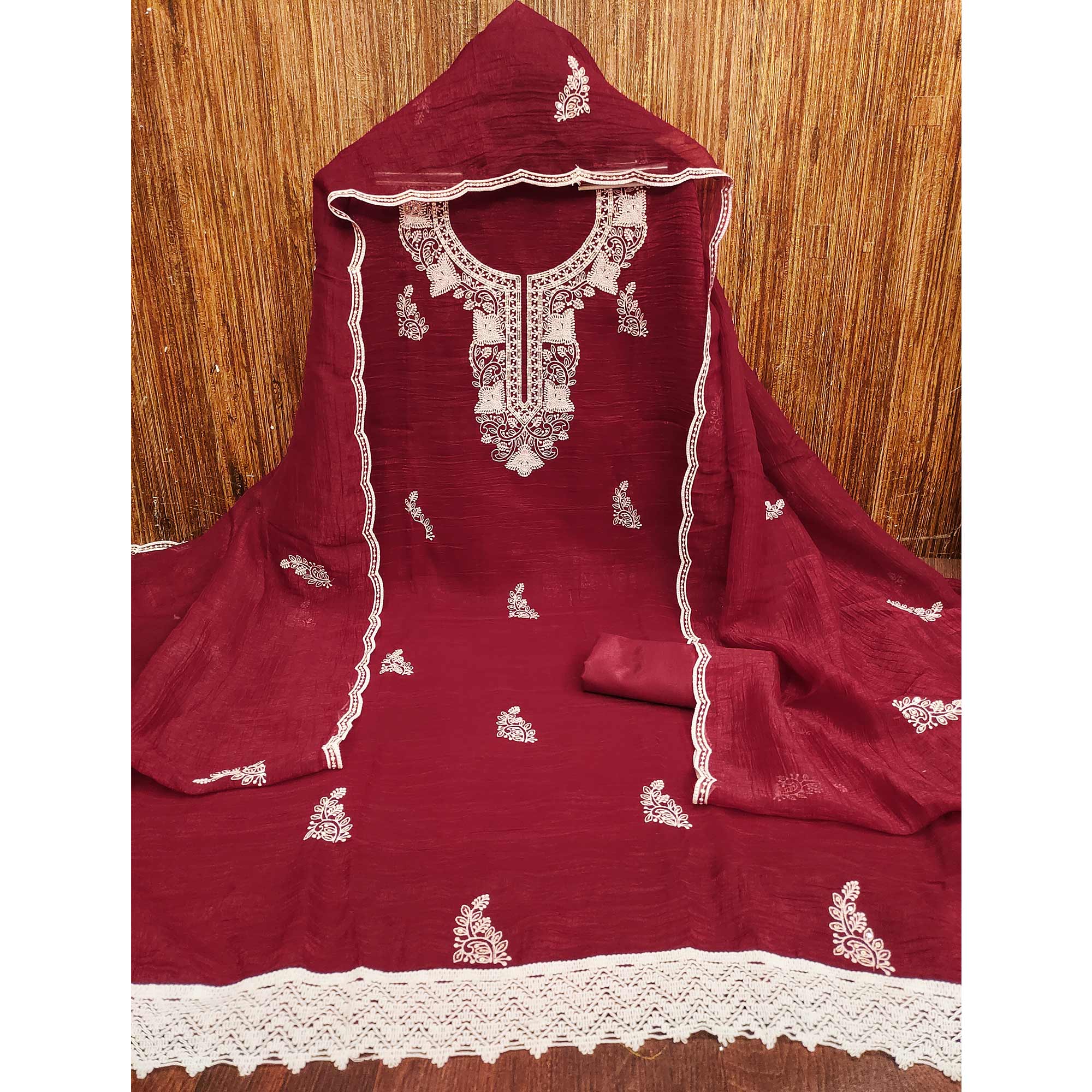 Maroon Dress Material With Threaded Floral Embroidery & Sequins on Crunchy Silk Georgette