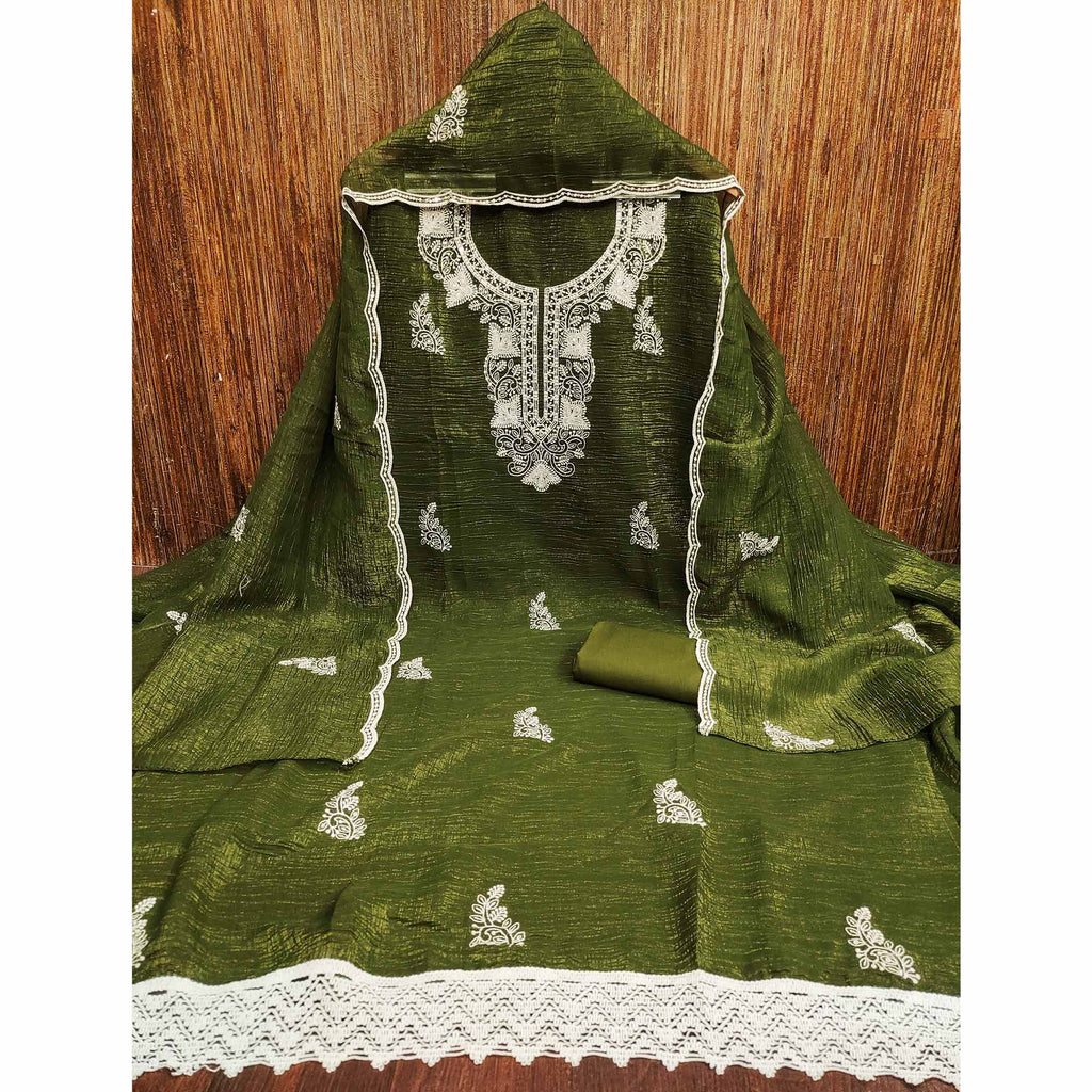 Mehendi Green Dress Material With Threaded Floral Embroidery & Sequins on Crunchy Silk Georgette