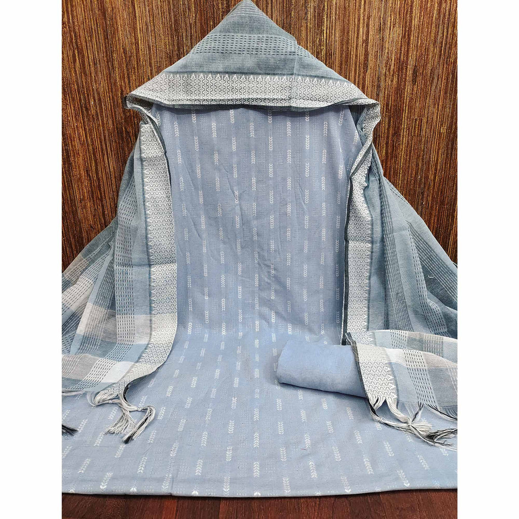 Graceful Grey Woven Work Dress Material In Poly Cotton Blend