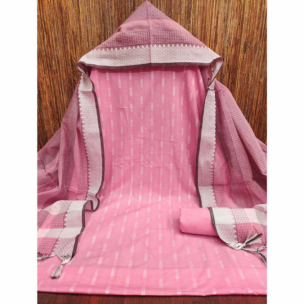 Elegant Pink Woven Texture Dress Material In Poly Cotton Blend