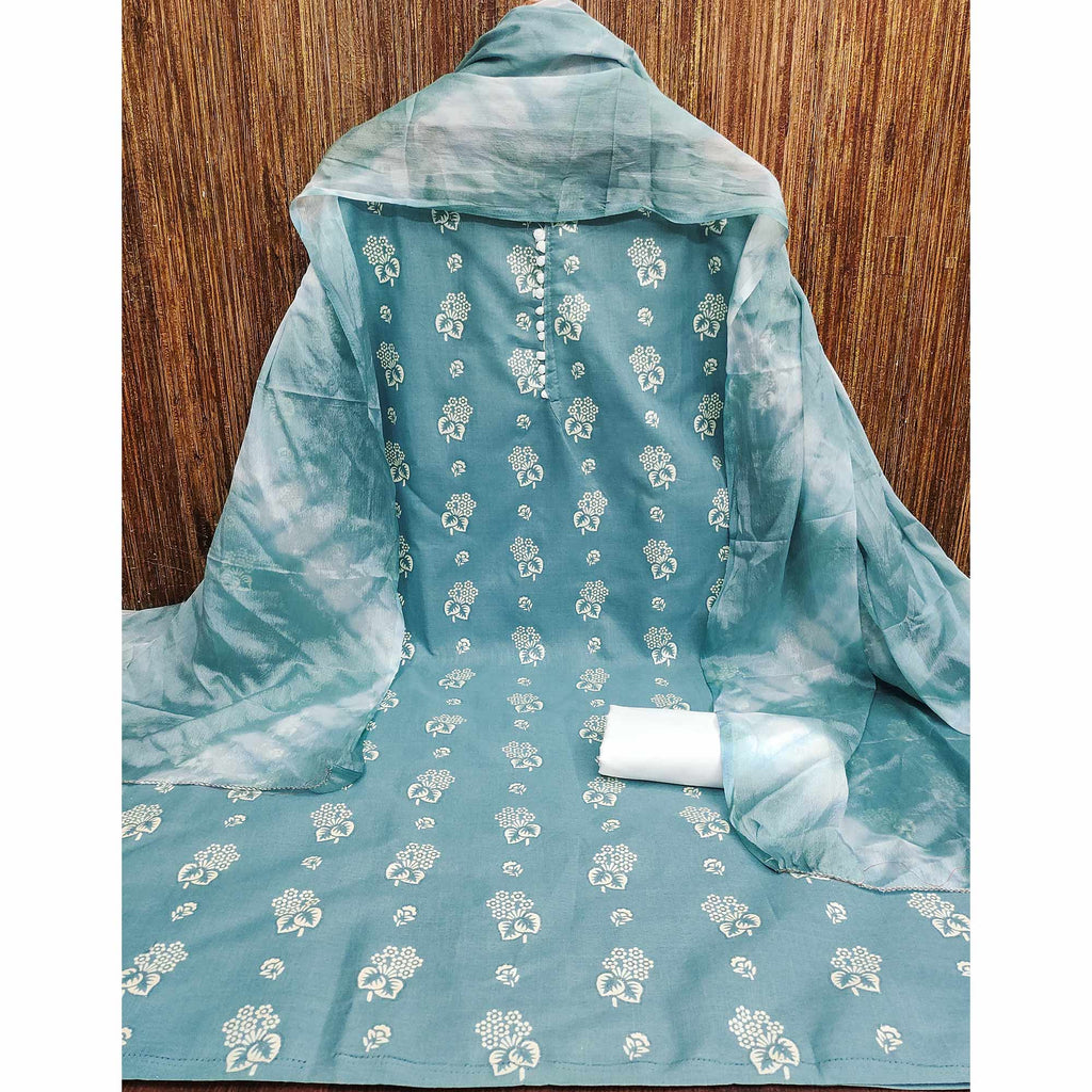 Charming Blue Cotton Blend Dress Material With Floral Print