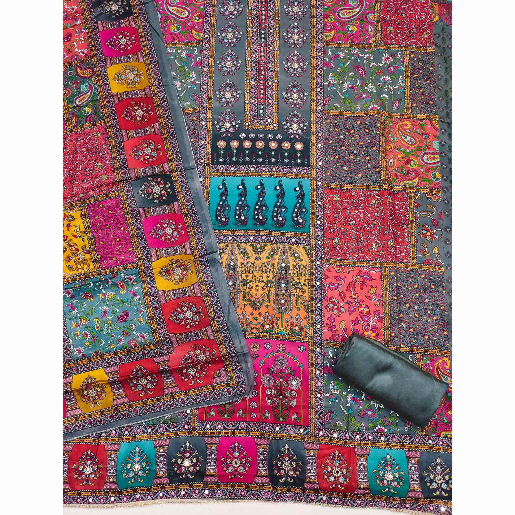 Grey Pakistani Dress Material Featuring Soft Chinon Fabric and Timeless Floral Prints