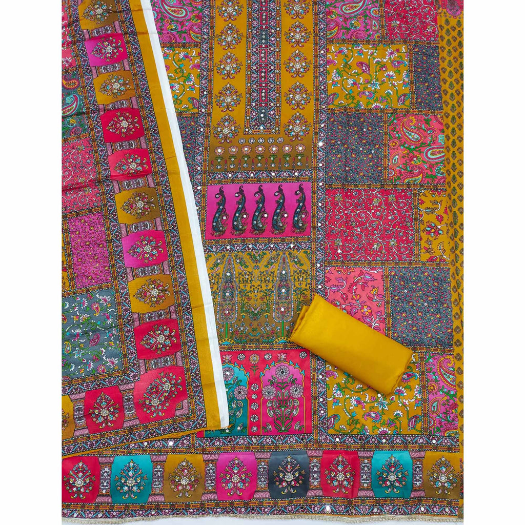 Mustard Pakistani Dress Material Featuring Soft Chinon Fabric and Timeless Floral Prints