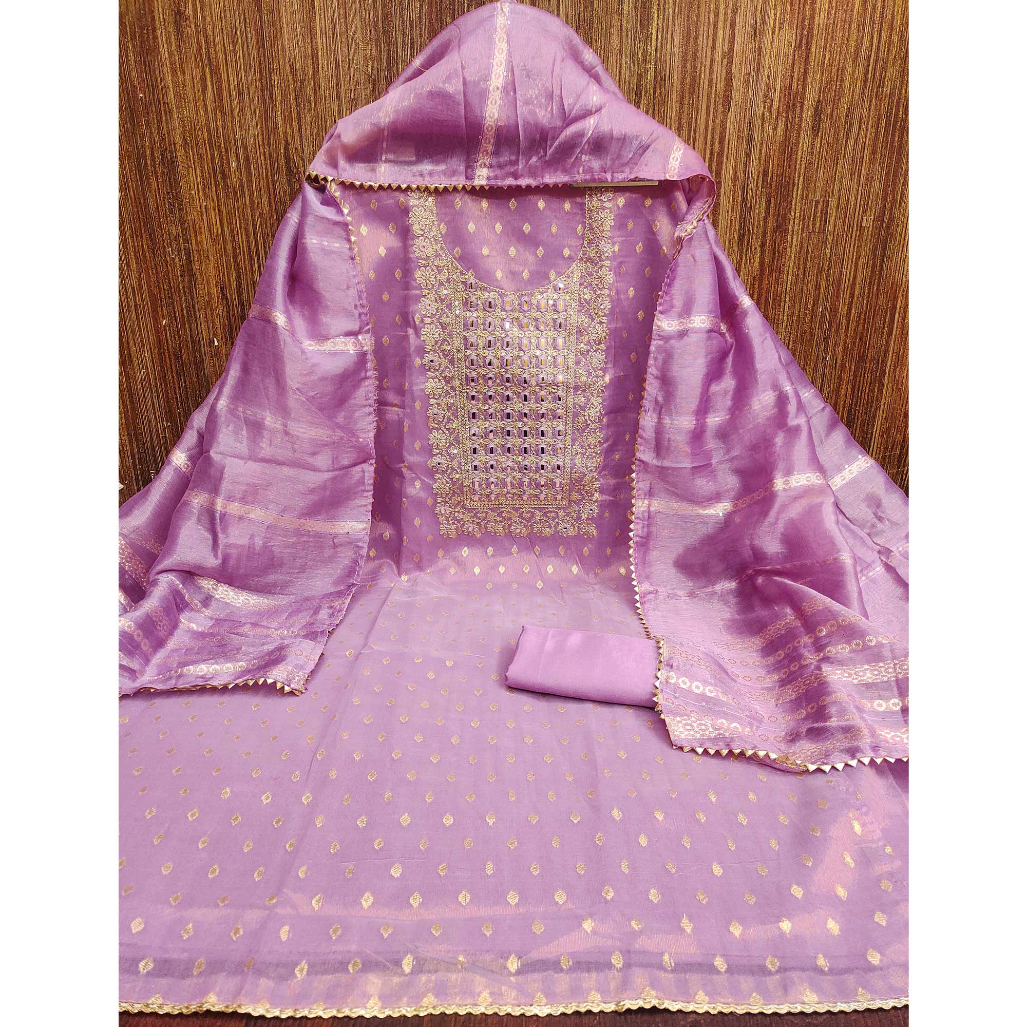 Lavender Weaving Dress Material In Shimmer Silk With Detailed Cording & Sequin Embroidery Work