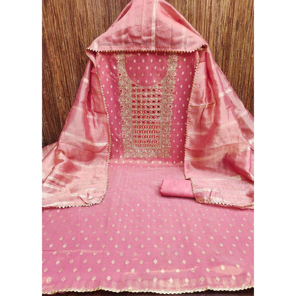 Peach Weaving Dress Material In Shimmer Silk With Detailed Cording & Sequin Embroidery Work