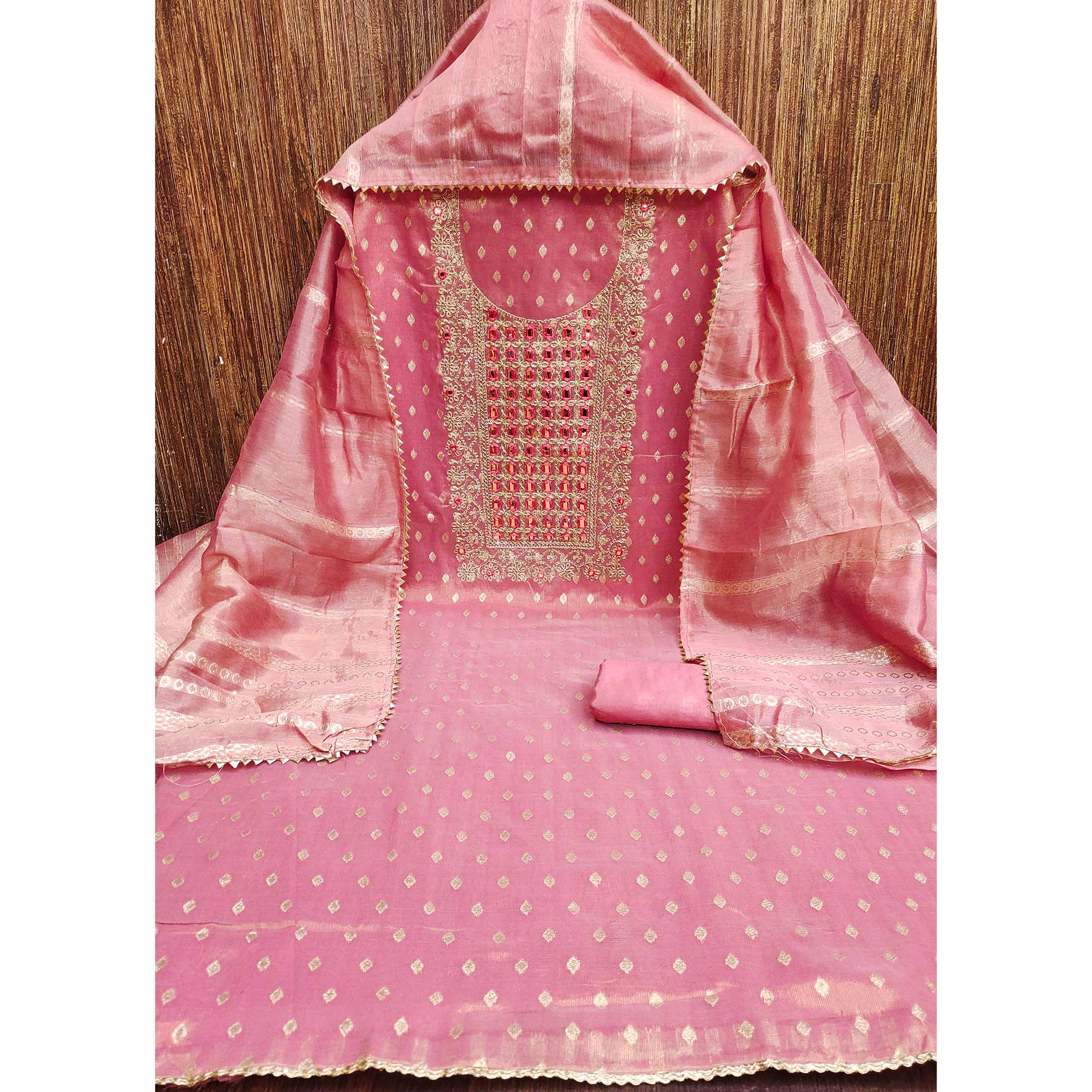 Peach Weaving Dress Material In Shimmer Silk With Detailed Cording & Sequin Embroidery Work