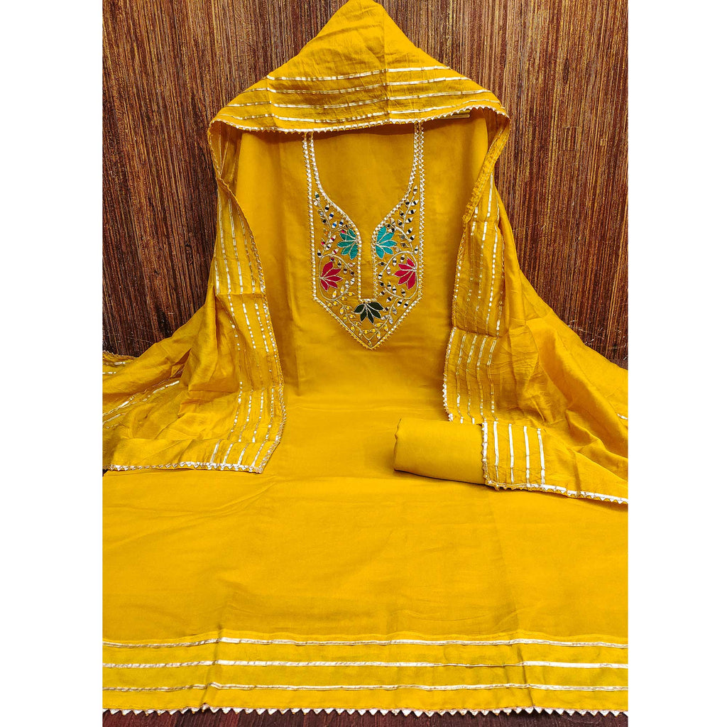 Mustard Floral Embroidery Chanderi Cotton Dress Material Embellished With Mirror & Gota Patti