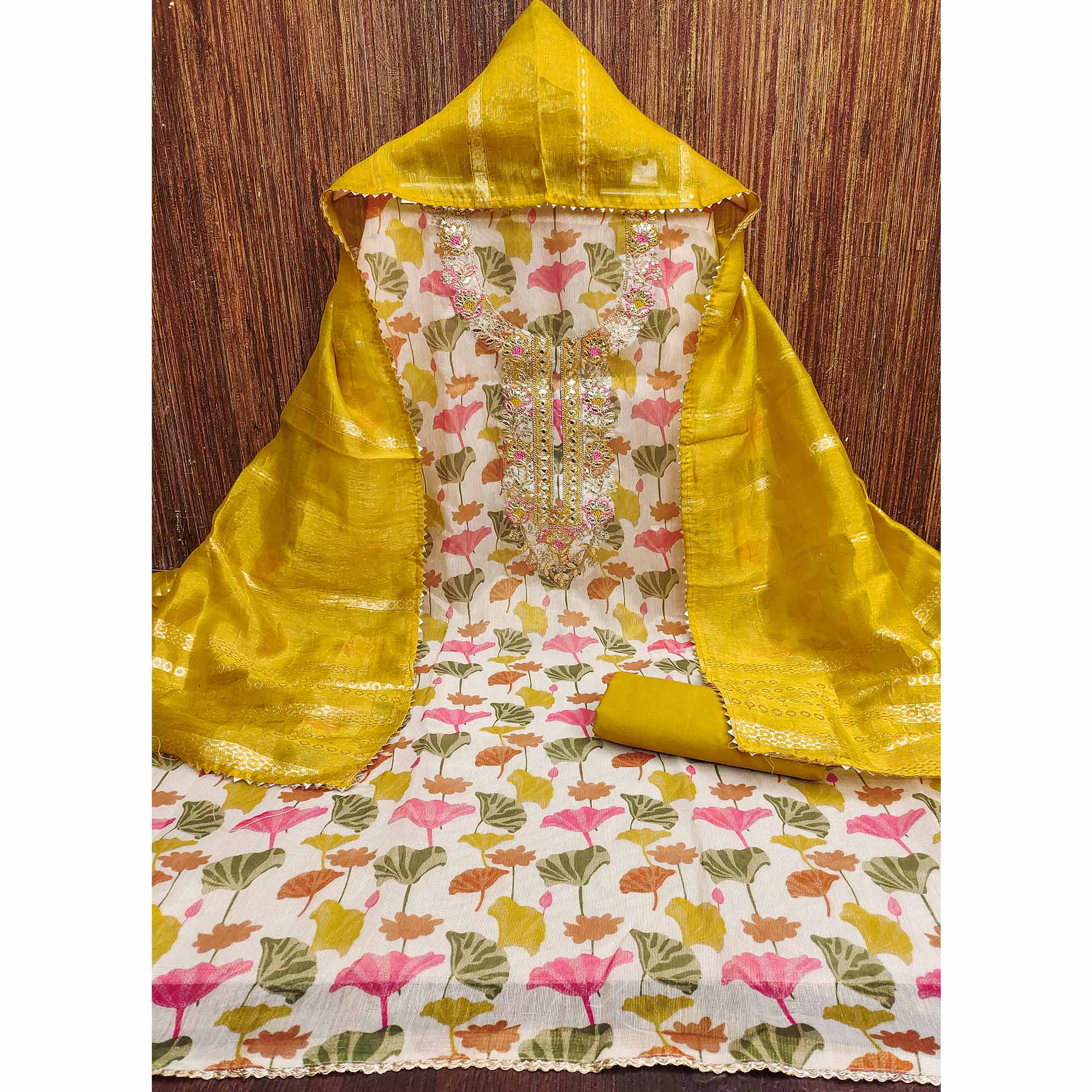 Cream & Mustard Floral Printed Shimmer Silk Dress Material Enhanced With Sequins Cording Embroidery