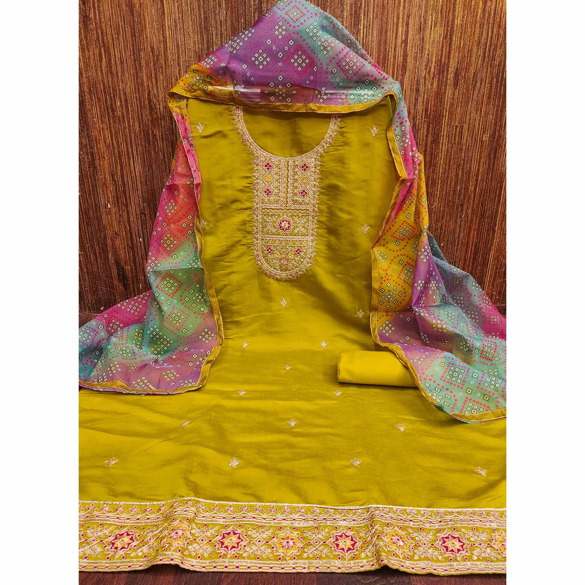 Dark Mustard Roman Chanderi Silk Dress Material With Elegant Sequins & Cording Embroidery Work