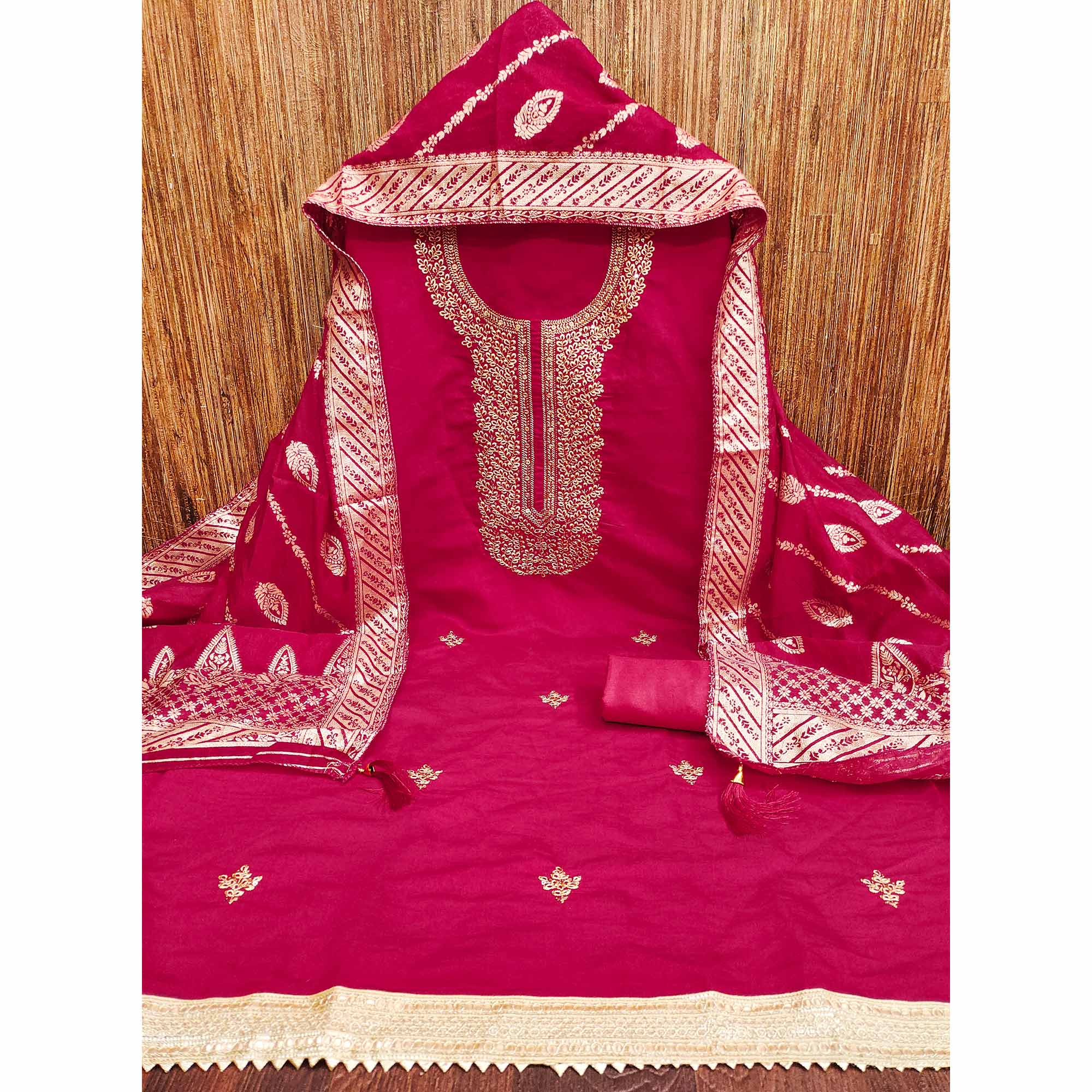 Pink Roman Chanderi Silk Dress Material With Elegant Floral & Cording Embroidery Work