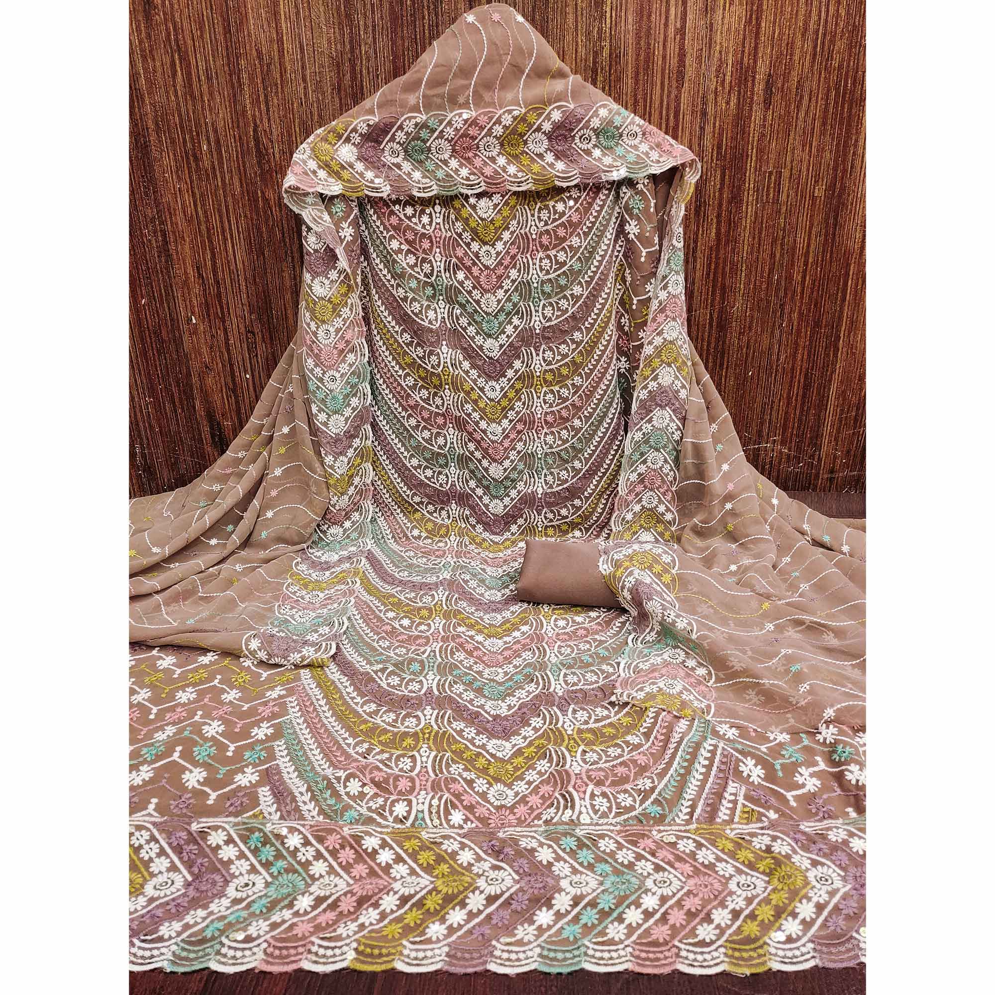 Brown Dress Material In Rich Jacquard With Intricate Heavy Embroidery