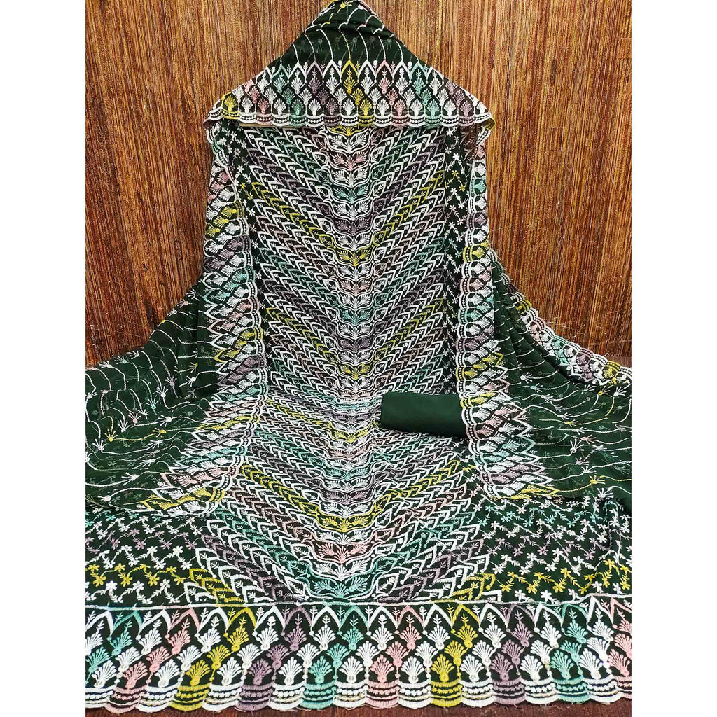 Dark Green Dress Material In Rich Jacquard With Intricate Heavy Embroidery