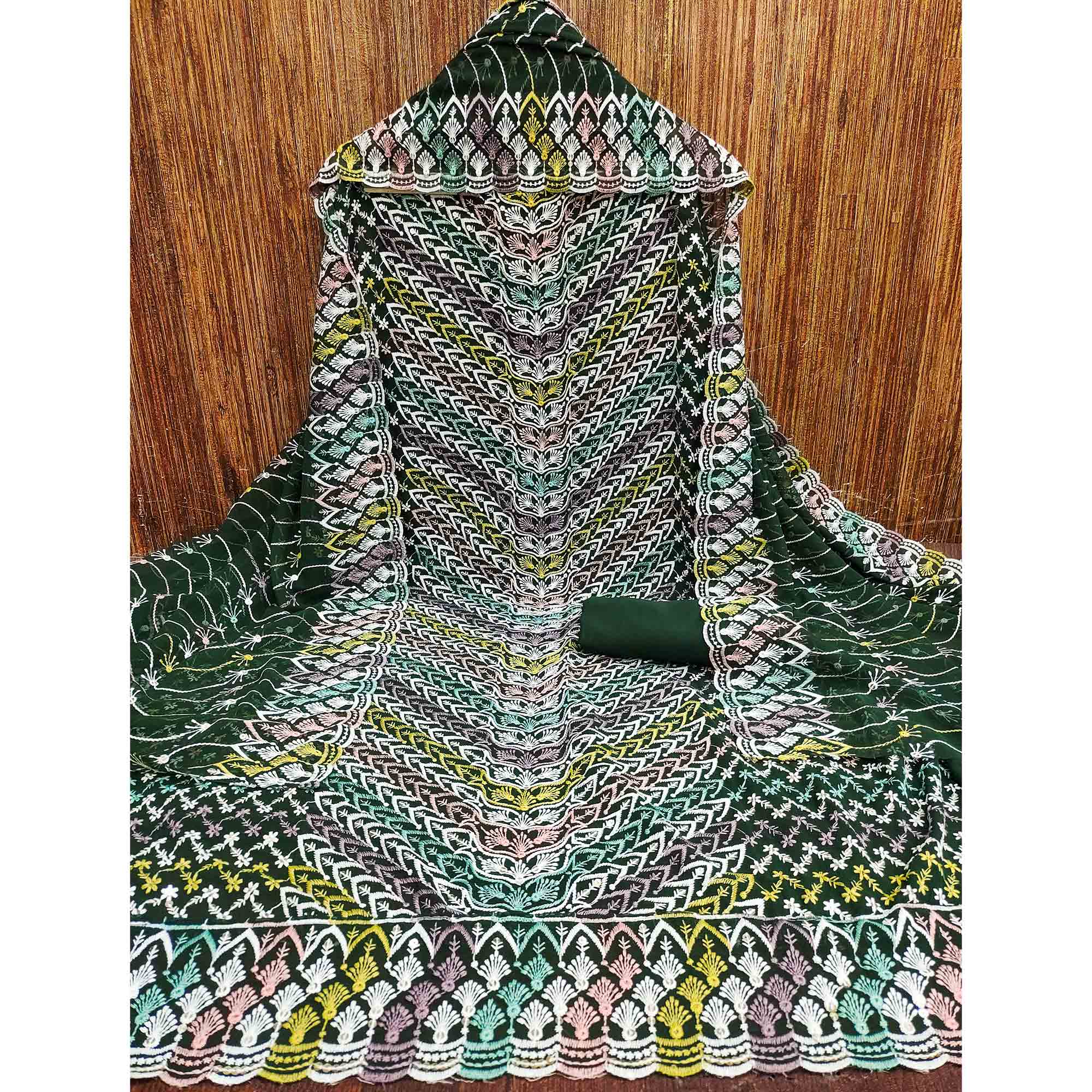 Dark Green Dress Material In Rich Jacquard With Intricate Heavy Embroidery