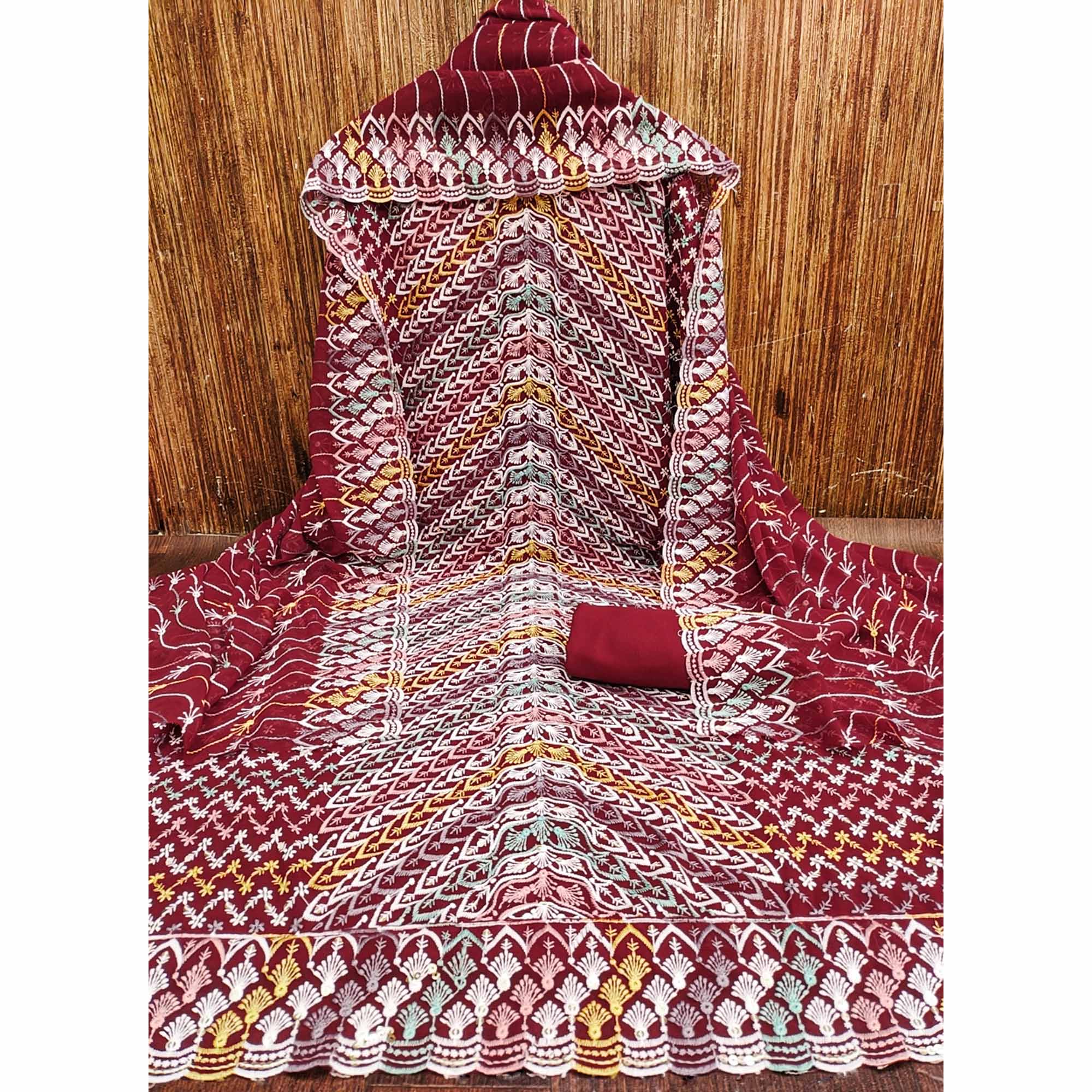 Maroon Dress Material In Rich Jacquard With Intricate Heavy Embroidery