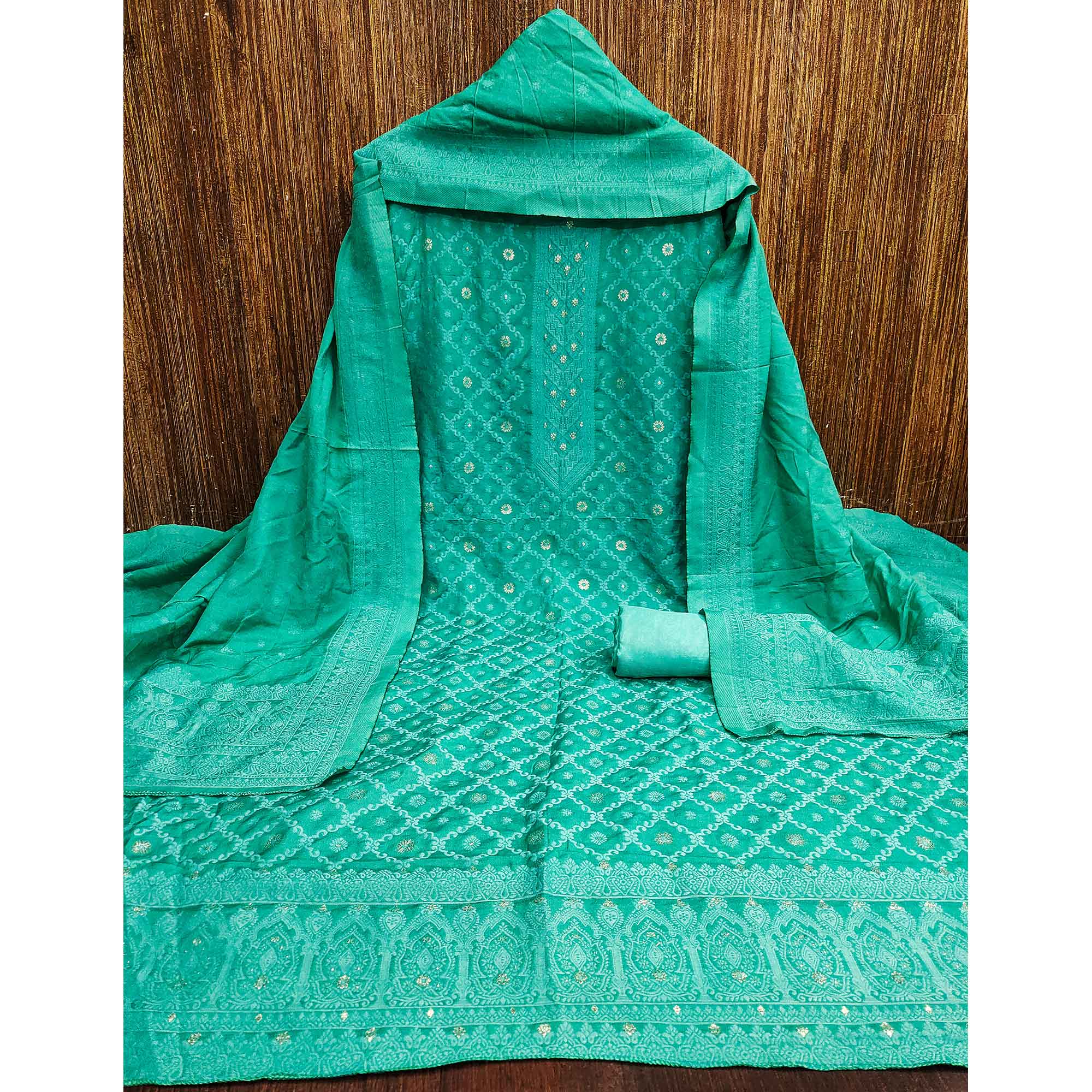 Banarasi Inspired Turquoise Jacquard Fabric for Elegant Ensembles