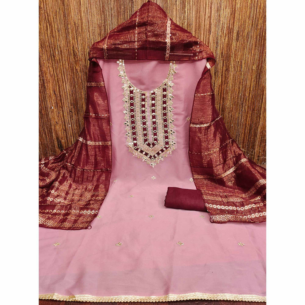 Pink Georgette Suit Material with Beautiful Thread Work Embroidery