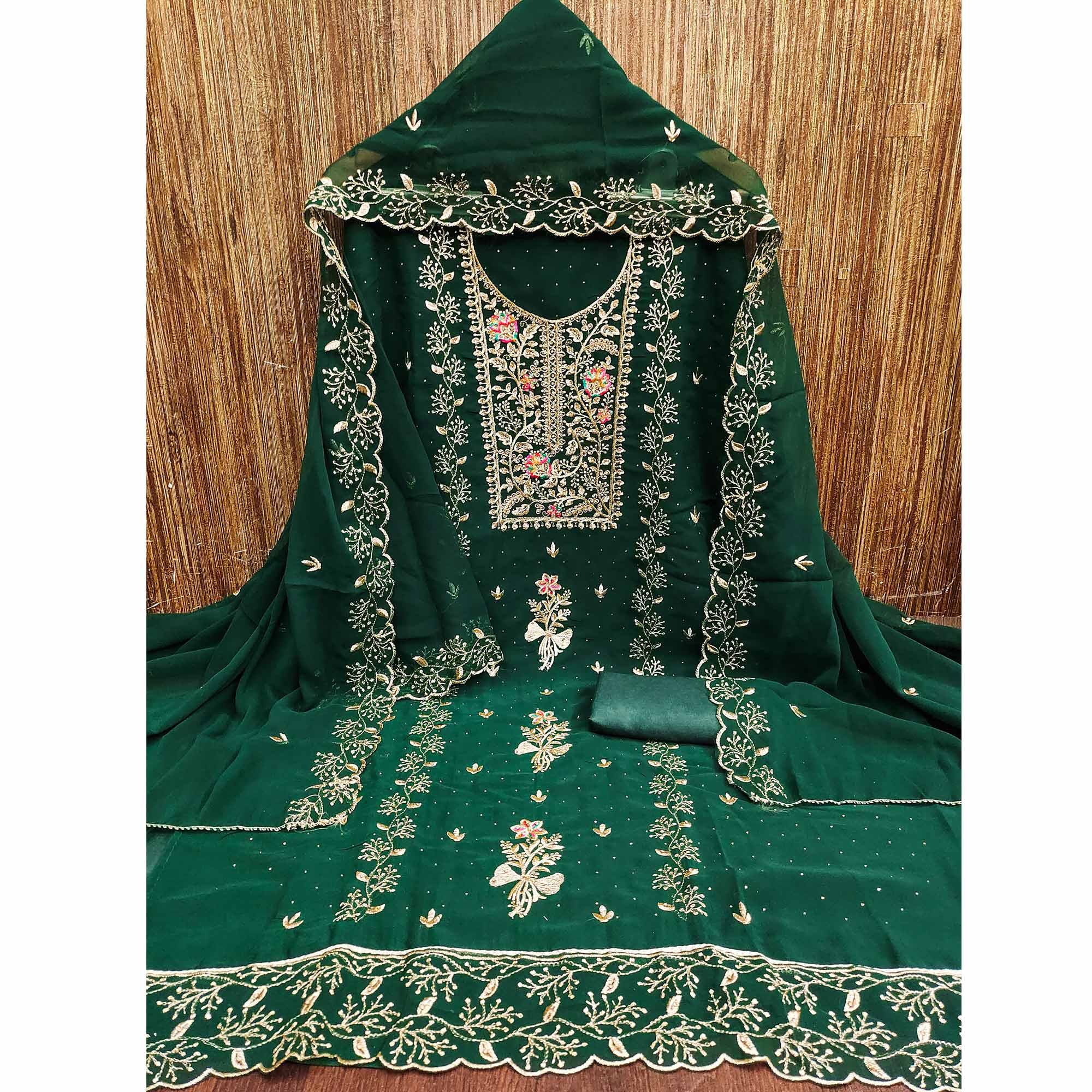 Green Georgette Dress Material With Floral Embroidery & Sparkling Stone Work