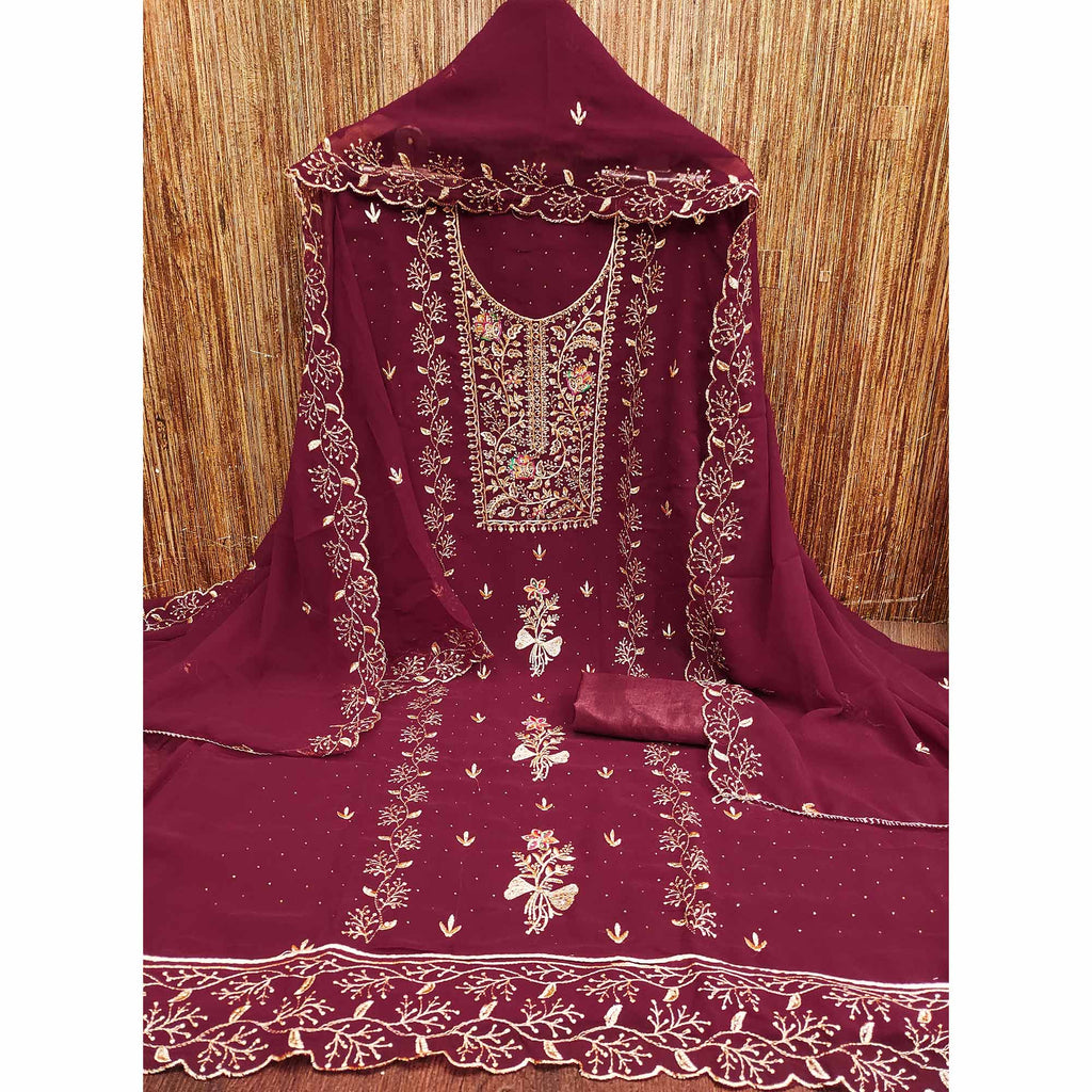 Maroon Georgette Dress Material With Floral Embroidery & Sparkling Stone Work