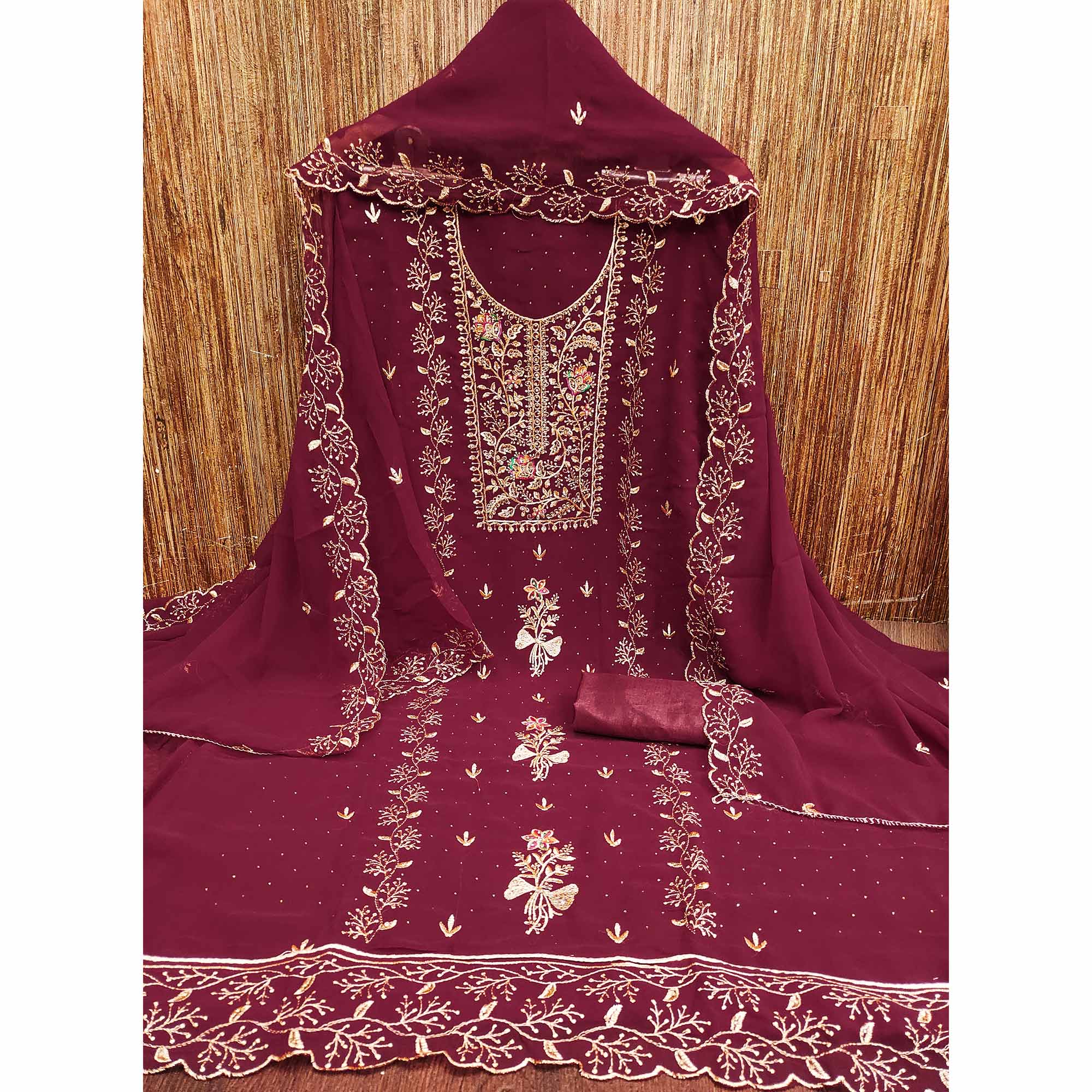 Maroon Georgette Dress Material With Floral Embroidery & Sparkling Stone Work