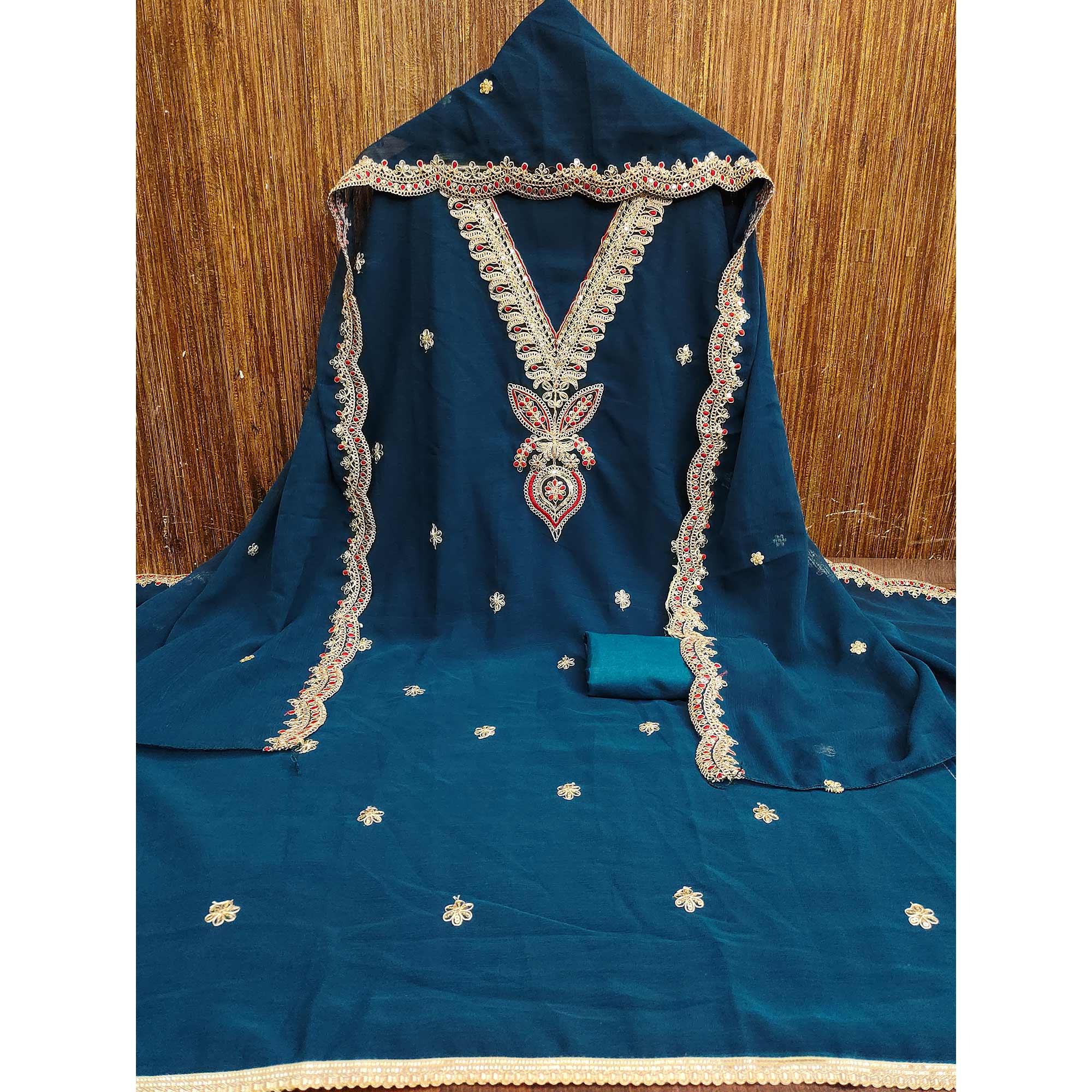 Morpich Blue Ensemble In Zomato Art Silk Adorned With Cording Floral Embroidery & Sparkling Sequins