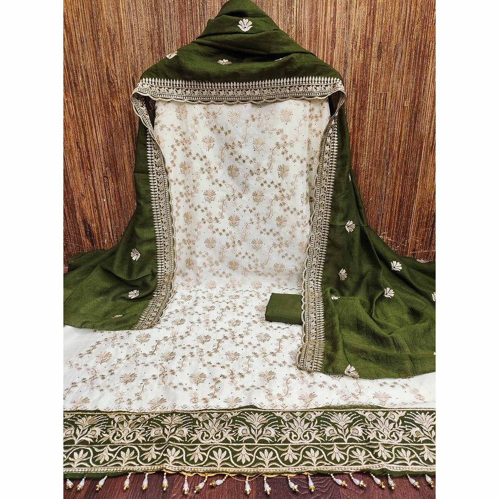 Offwhite & Green Vichitra Silk Dress Material With Intricate Floral Zari Work