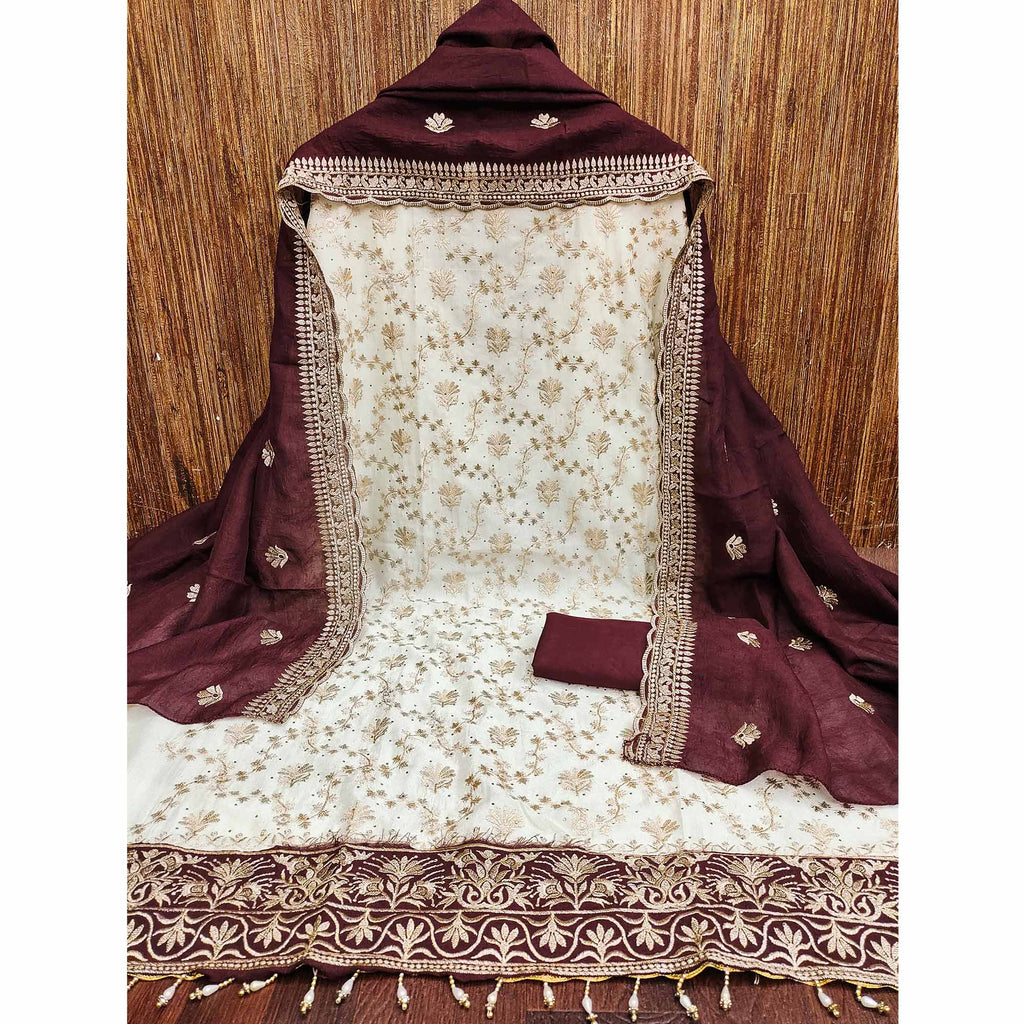 Offwhite & Maroon Vichitra Silk Dress Material With Intricate Floral Zari Work