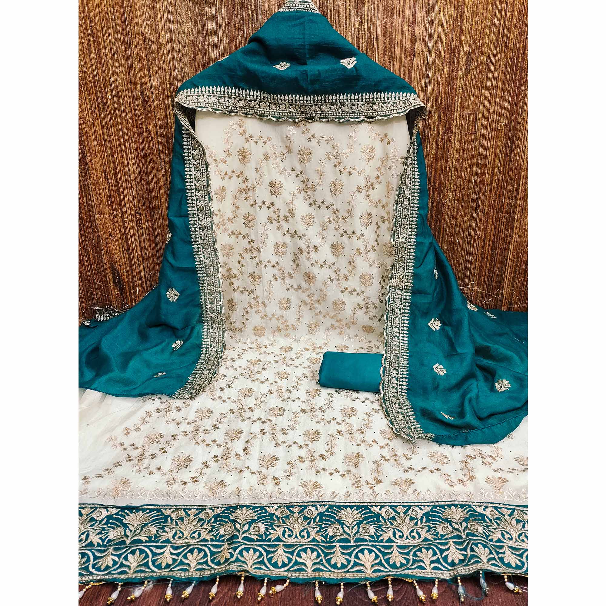 Offwhite & Rama Vichitra Silk Dress Material With Intricate Floral Zari Work