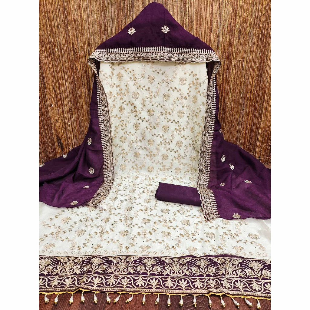 Offwhite & Wine Vichitra Silk Dress Material With Intricate Floral Zari Work