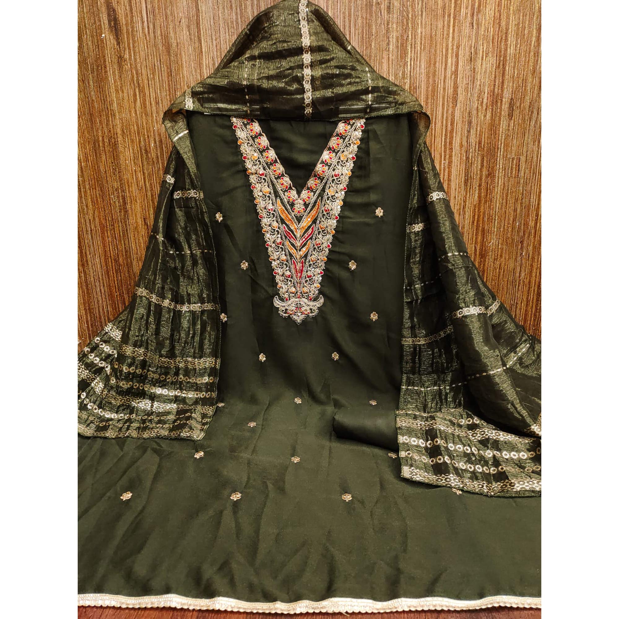 Mehendi Green Georgette Dress Material Embellished With Floral Cording Embroidery & Sequin Accents