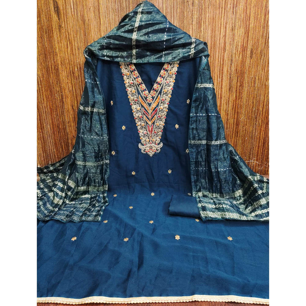 Morpich Blue Georgette Dress Material Embellished With Floral Cording Embroidery & Sequin Accents