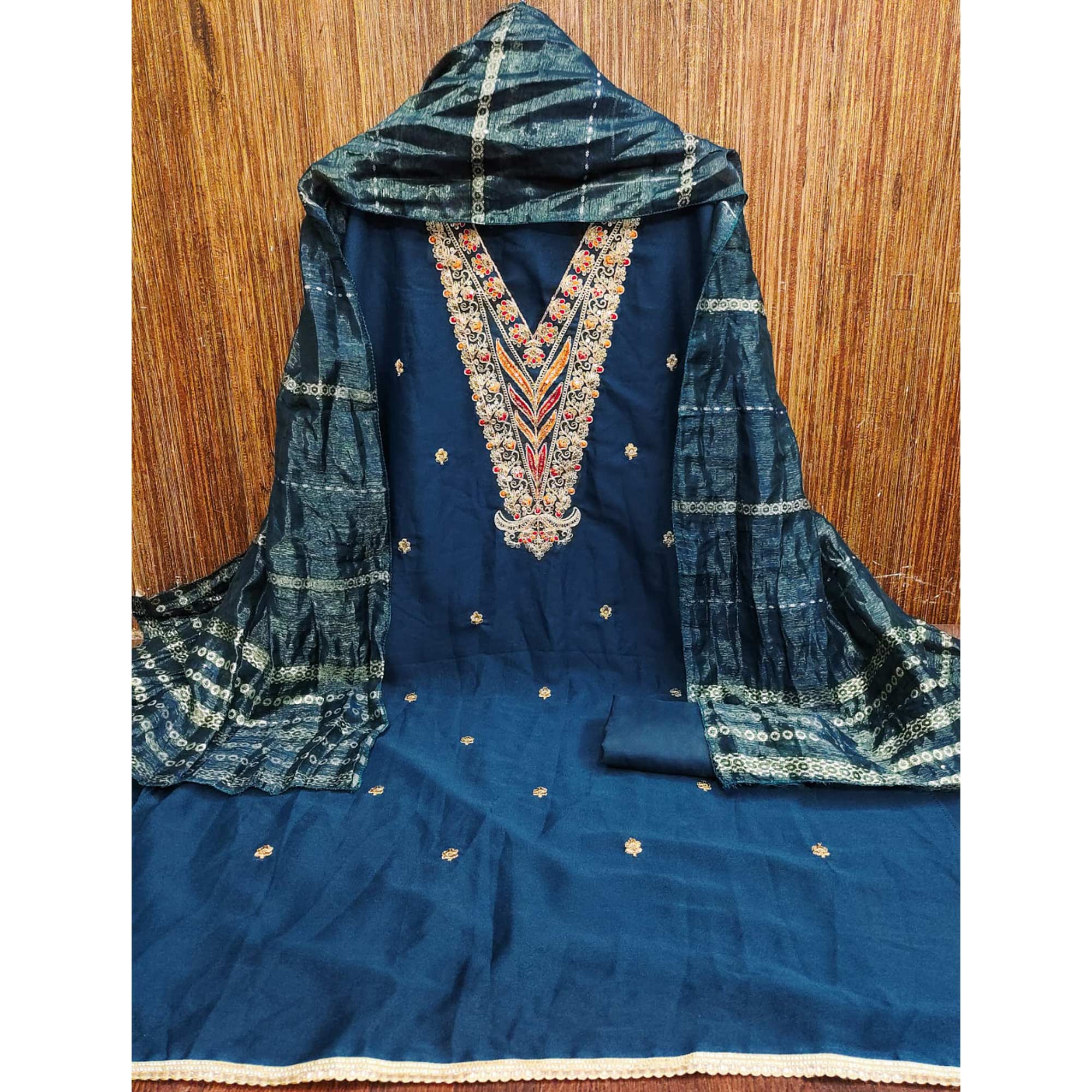 Morpich Blue Georgette Dress Material Embellished With Floral Cording Embroidery & Sequin Accents