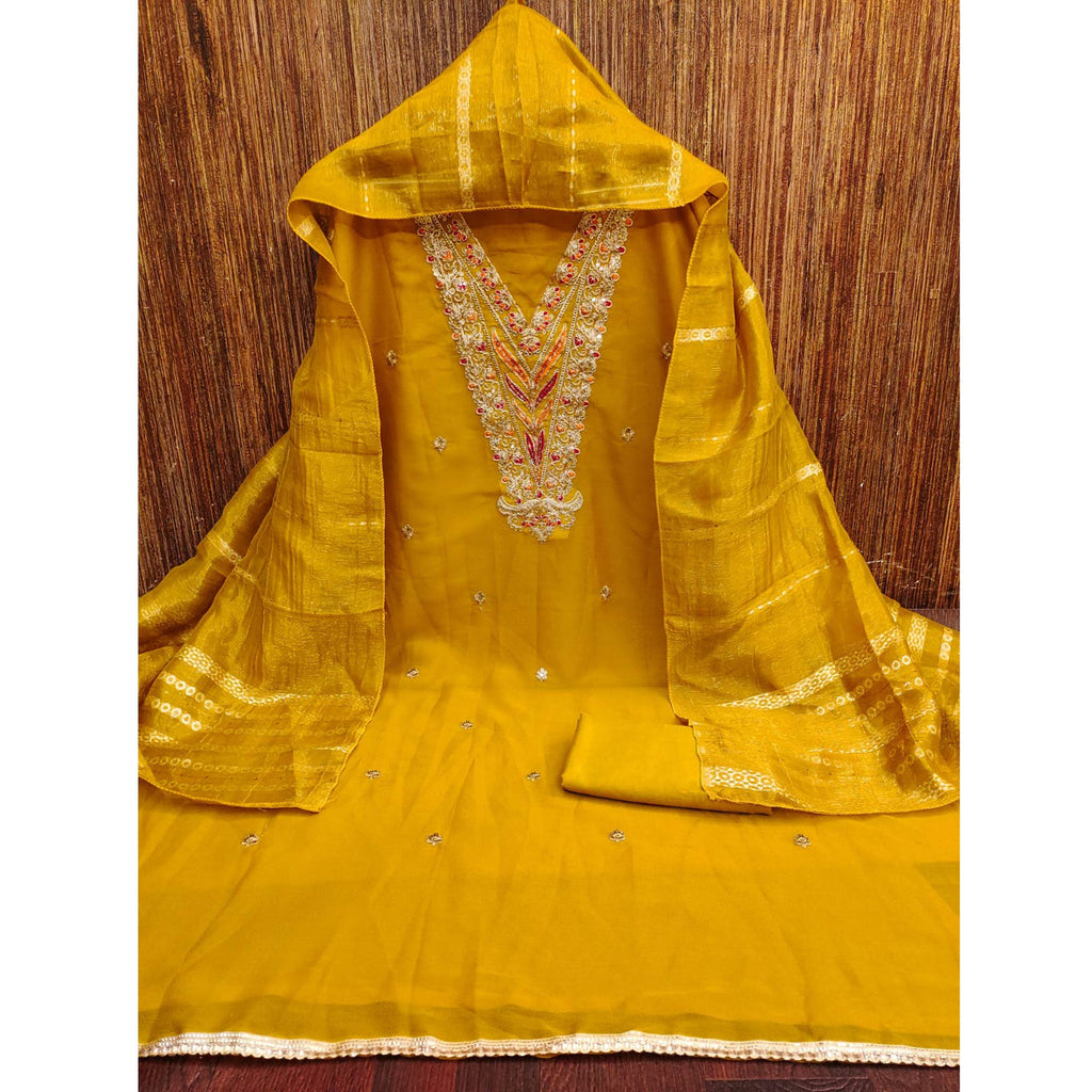 Mustard Georgette Dress Material Embellished With Floral Cording Embroidery & Sequin Accents