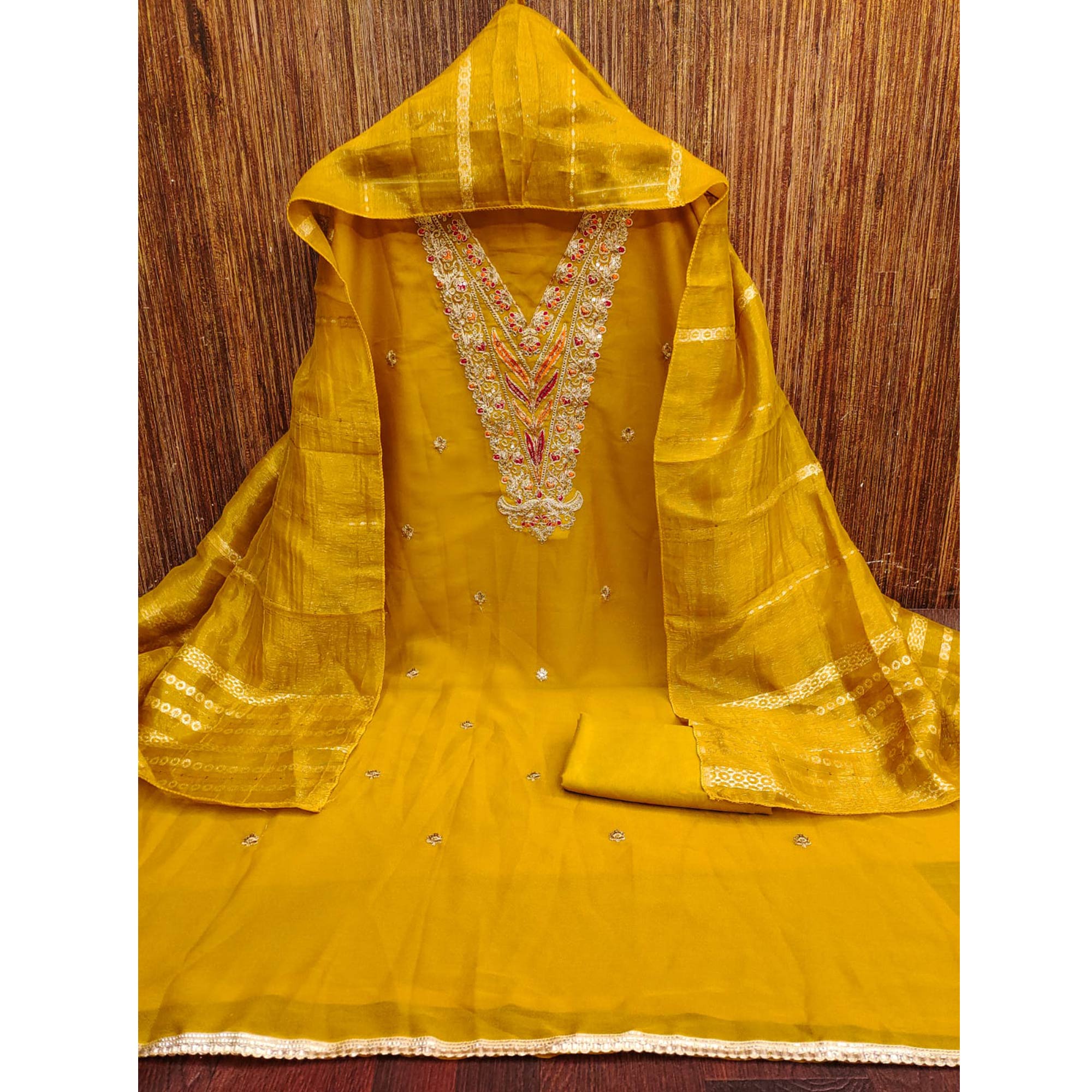 Mustard Georgette Dress Material Embellished With Floral Cording Embroidery & Sequin Accents