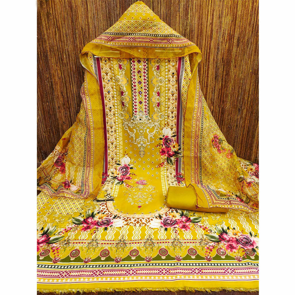 Mustard Dress Material in Rayon with Delicate Floral Patterns