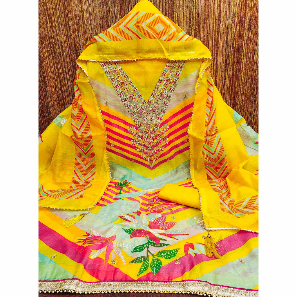 Designer Yellow Chanderi Silk Dress Material with Bold Prints and Rich Embroidery