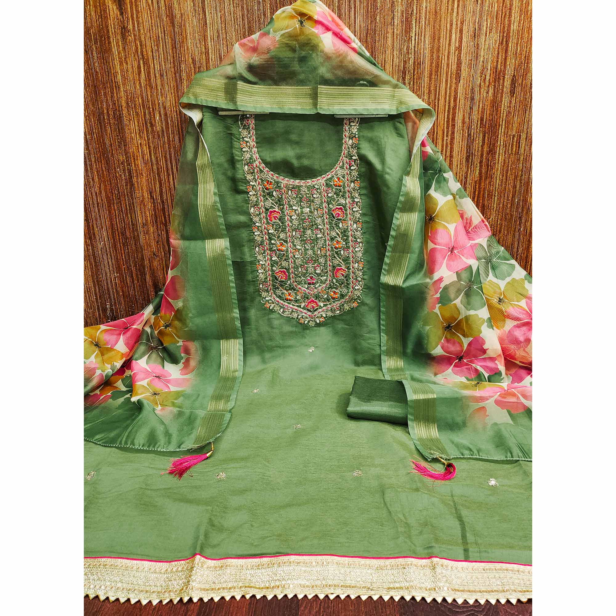 Green Chanderi Silk Unstitched Suit with Embroidered Detailing