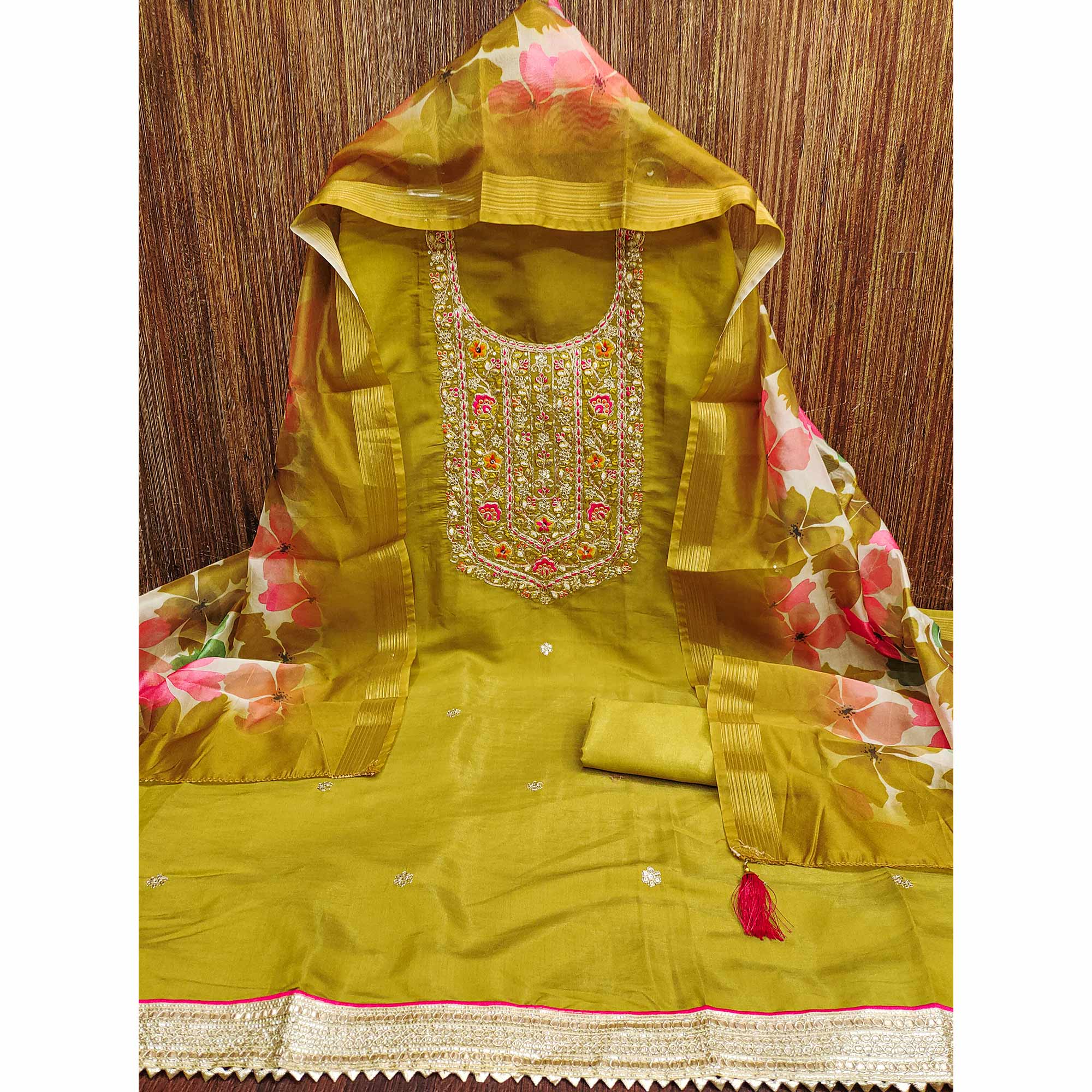 Mustard Chanderi Silk Unstitched Suit with Embroidered Detailing