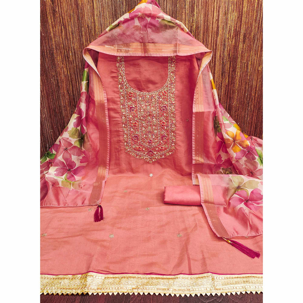 Peach Chanderi Silk Unstitched Suit with Embroidered Detailing
