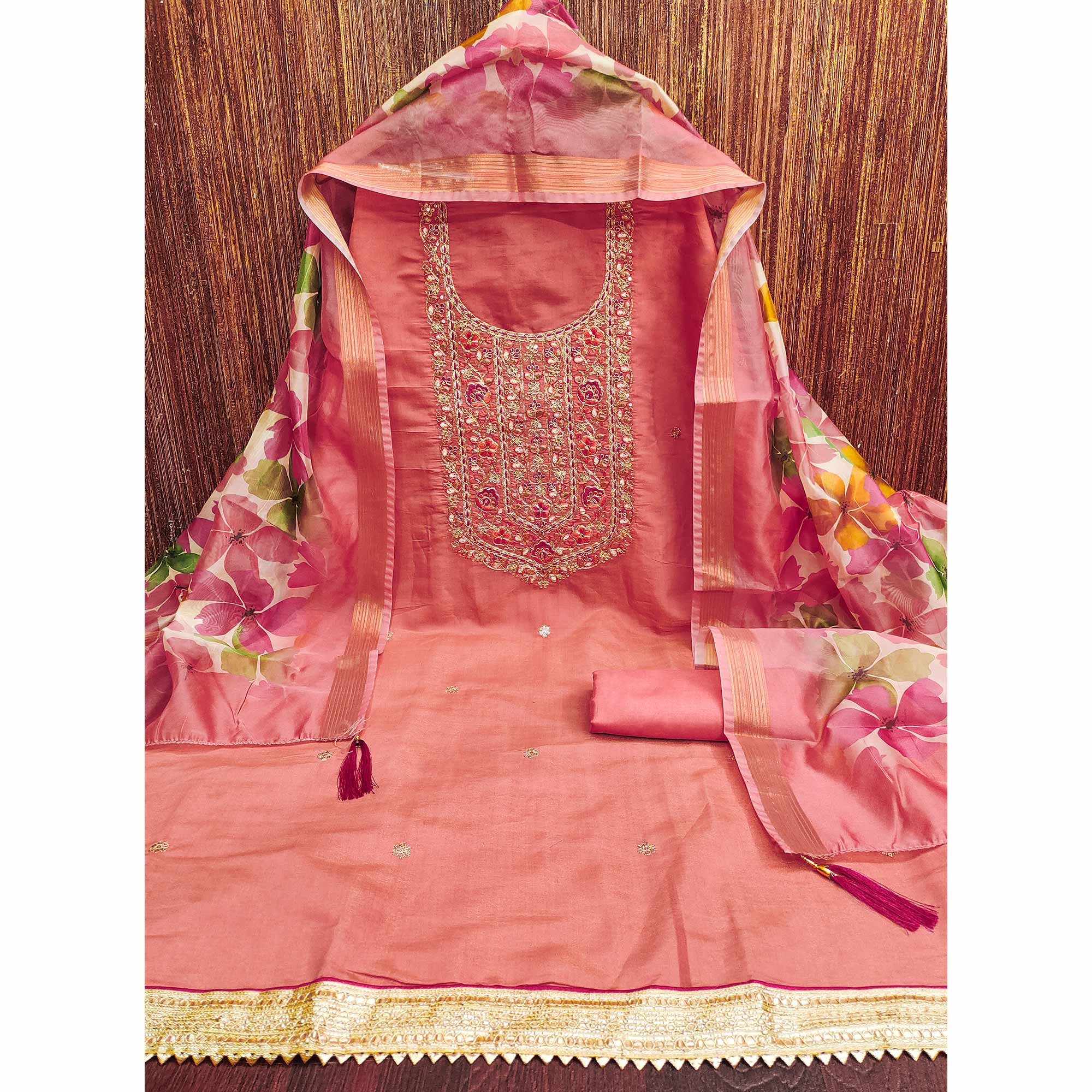 Peach Chanderi Silk Unstitched Suit with Embroidered Detailing