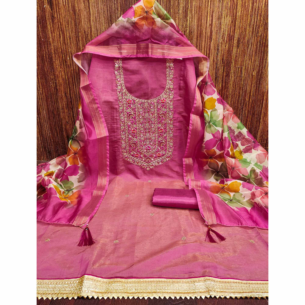 Pink Chanderi Silk Unstitched Suit with Embroidered Detailing