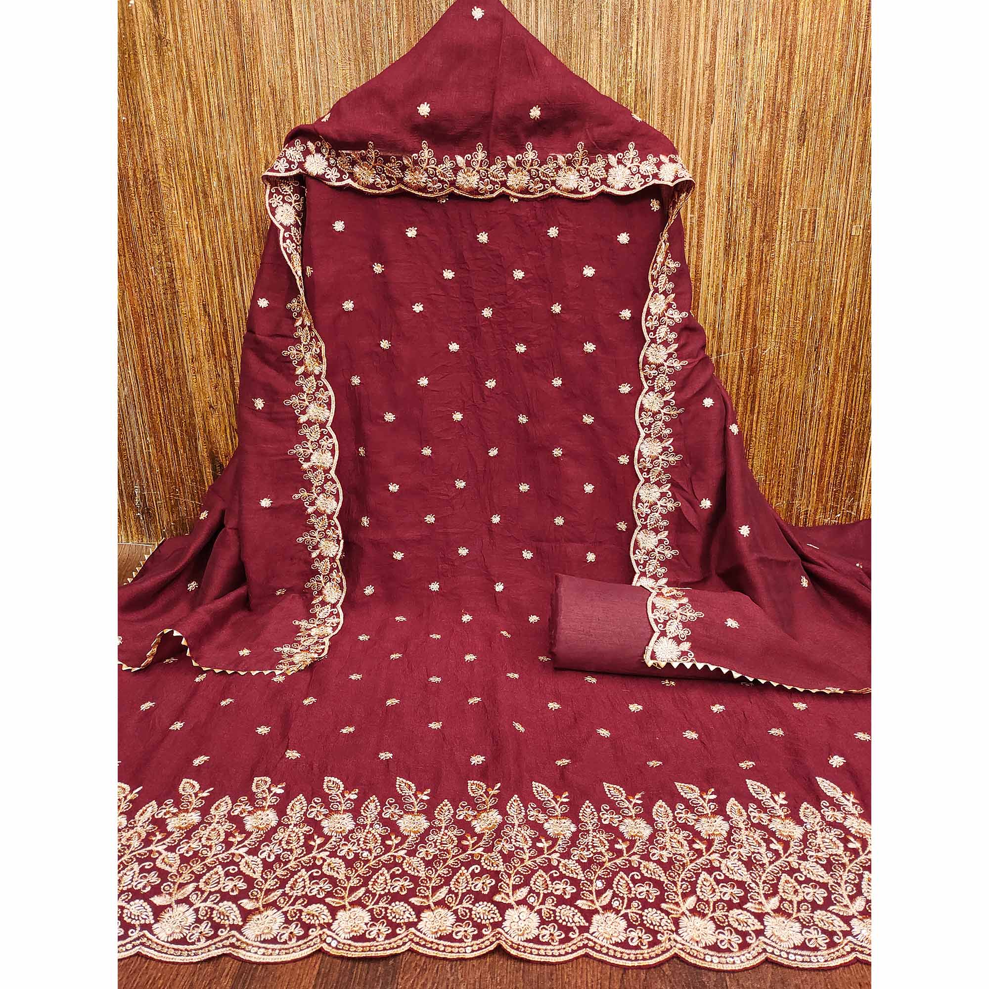 Maroon Vichitra Silk Dress Material with Rich Threadwork