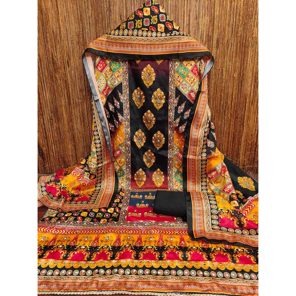 Black Chinon Dress Material With Reflective Mirror Work & Floral Prints