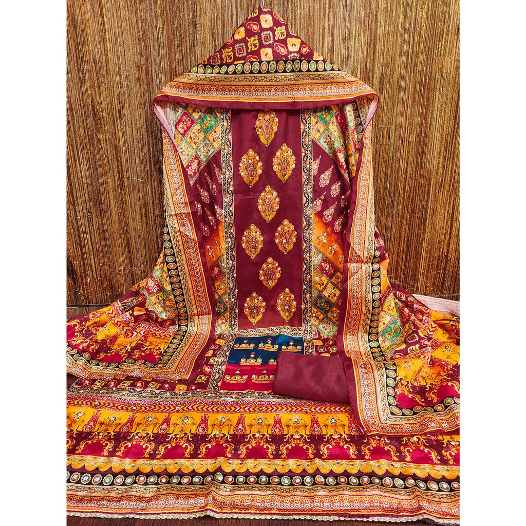 Maroon Chinon Dress Material With Reflective Mirror Work & Floral Prints